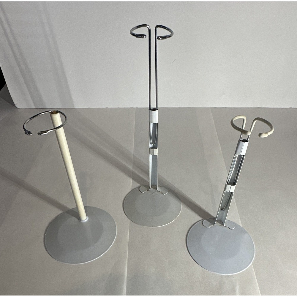 Lot of 3 Metal Vertical Doll Display Stands 11in Round Base Gray/Silver/White